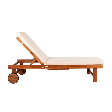 Seabrook Outdoor Acacia Wood Lounger with Cushion, 5-Position Back, Slide Table & Wheels - JONATHAN Y